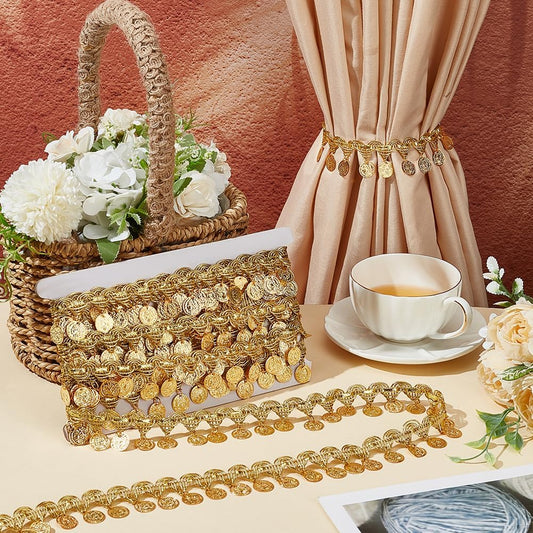 كلف ليرات صغيرة (فضي وذهبي)  Gold and Silver Coin Shape Sequin Tassel Trim