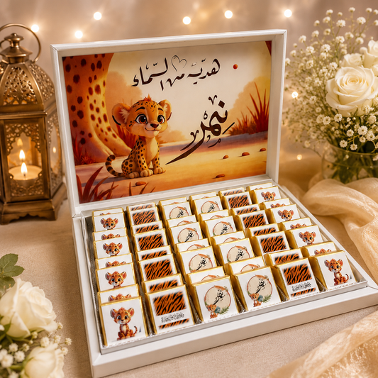 بوكس شوكولاتة فاخر بتصميم مخصص للمواليد 48 حبة