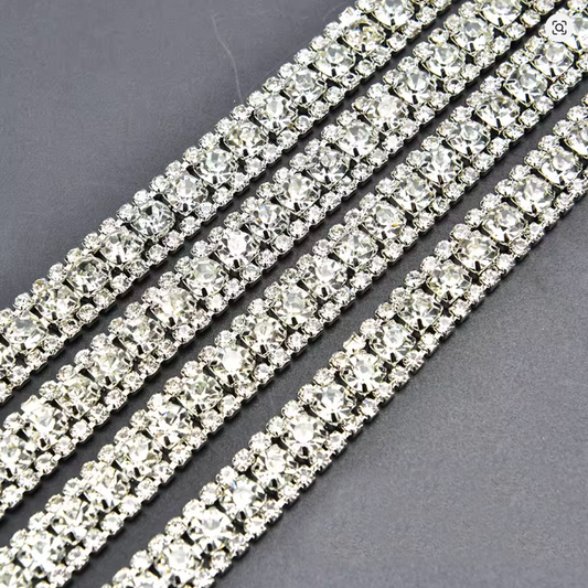 Rhinestone chains sew-on crystal, square-shaped, silver base.