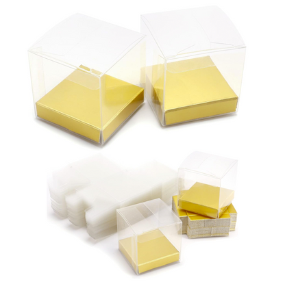 סט קופסאות ממתקים מוזהבות, קופסאות ממתקים שקופות עם בסיס קרטון