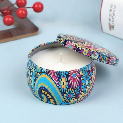 شمعة داخل علبة معدنية مزخرفة بنقوش ملونة Aromatherapy Scented Candle