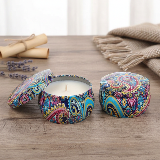 شمعة داخل علبة معدنية مزخرفة بنقوش ملونة Aromatherapy Scented Candle